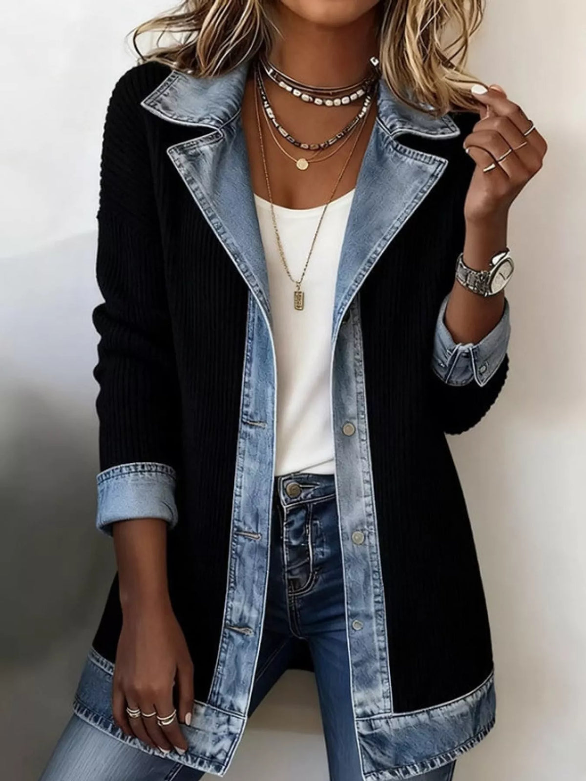 Denim-trim rib cardigan – black