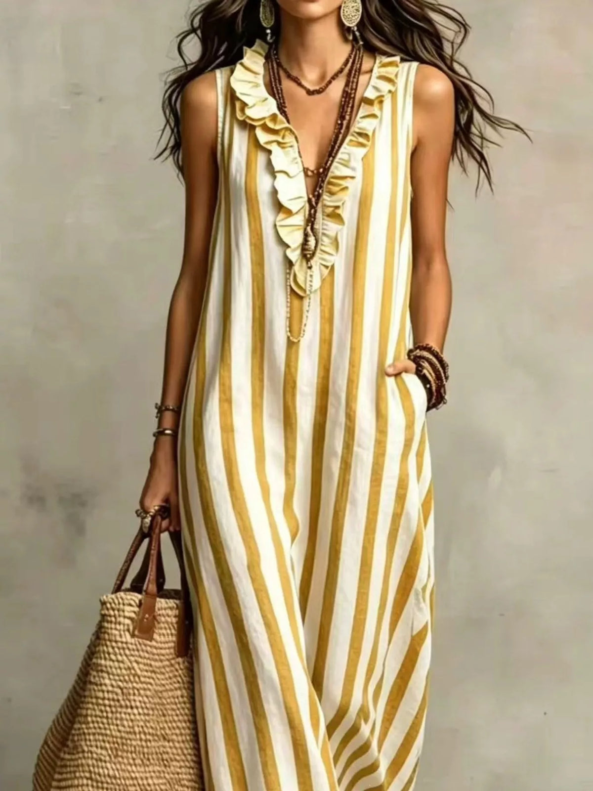 Sleeveless striped ruffle V-neck maxi dress