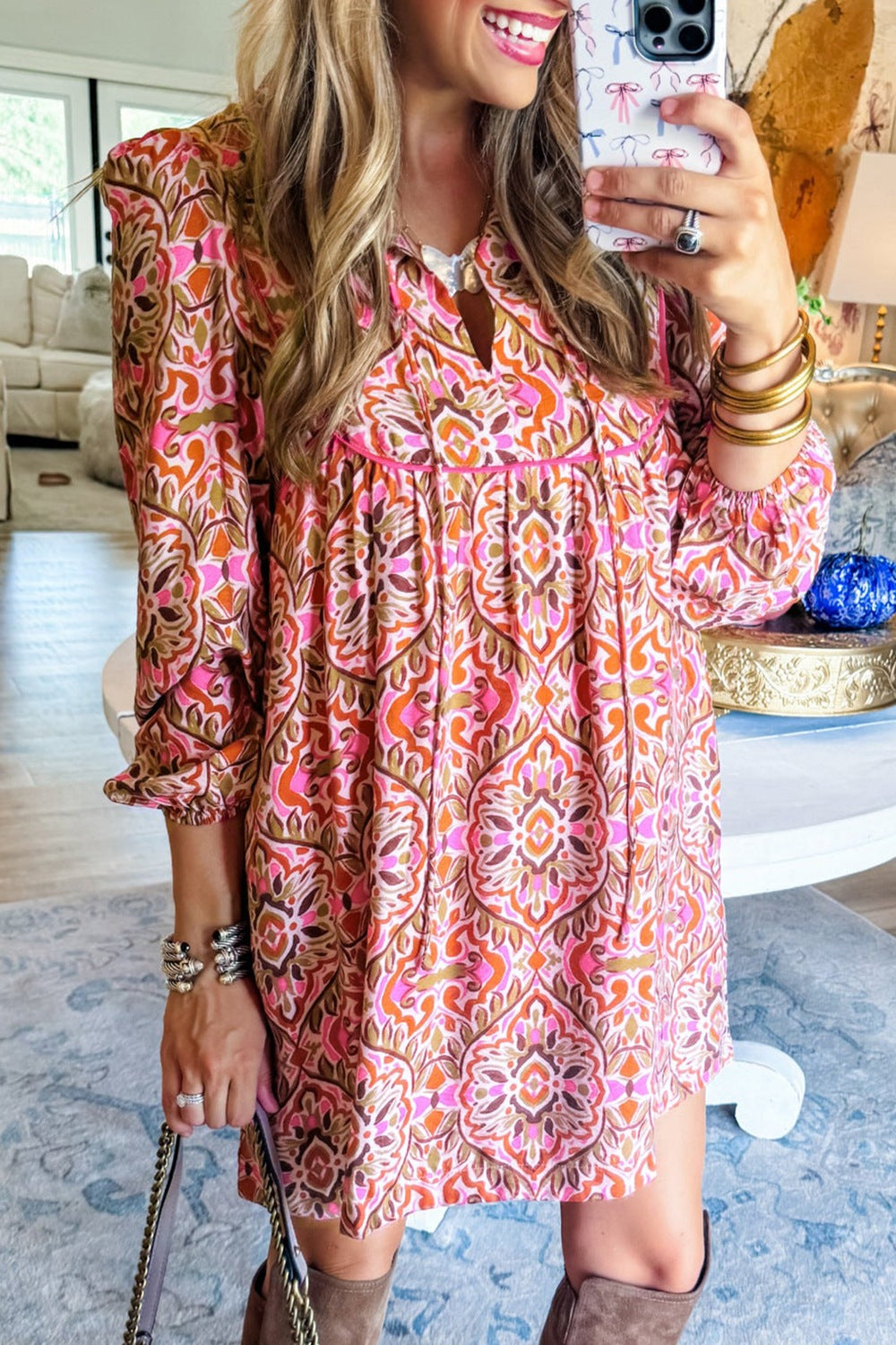 Printed tie-neck mini dress