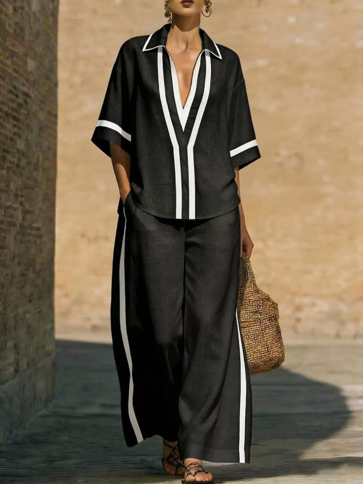 Contrast-trim top and pants set – black