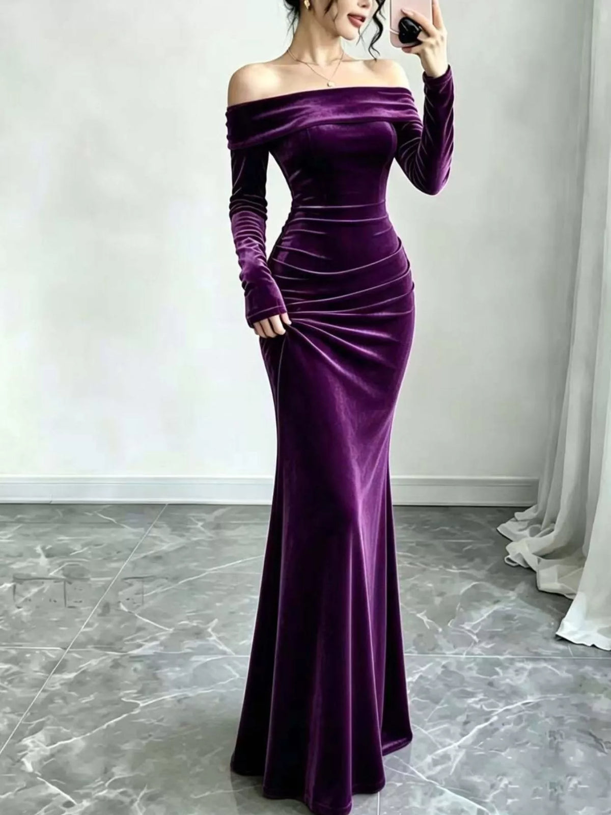 Velvet off-shoulder mermaid dress – purple