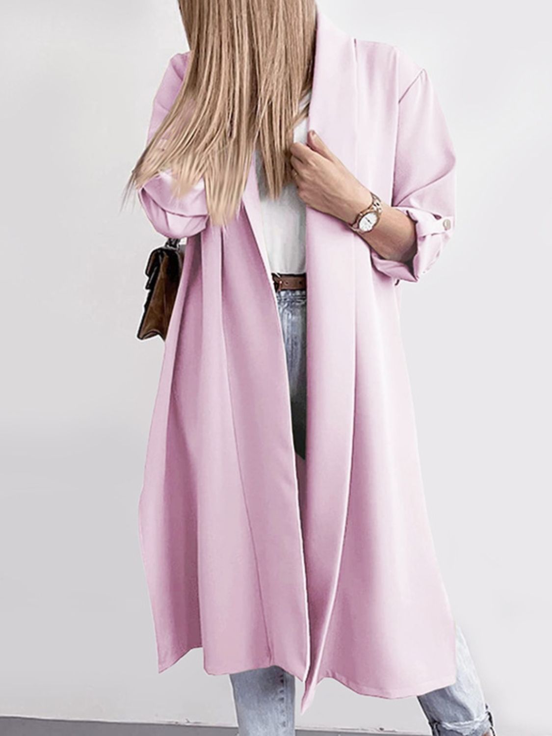 Slit open front roll-tab sleeve trench coat