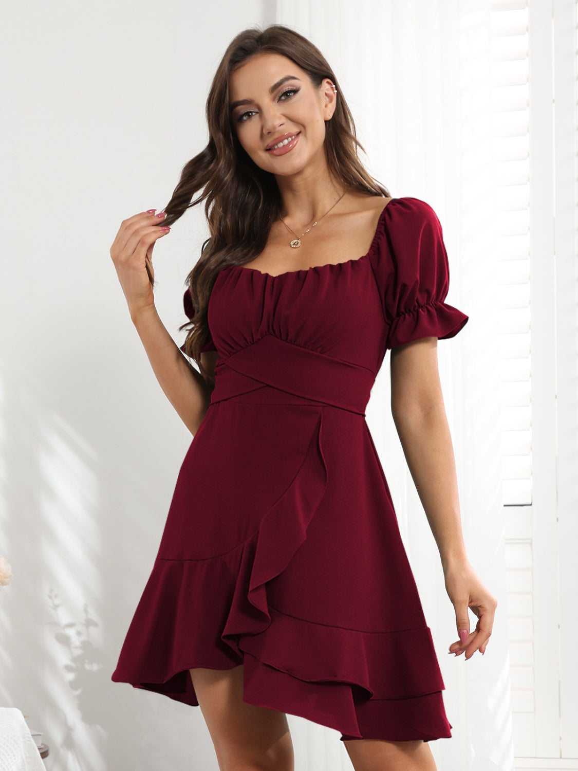 Tied Ruffled Short Sleeve Mini Dress