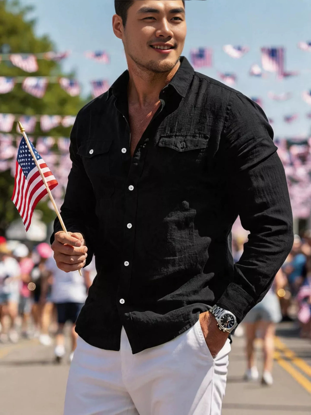 Casual button up shirt with chest pockets, Black