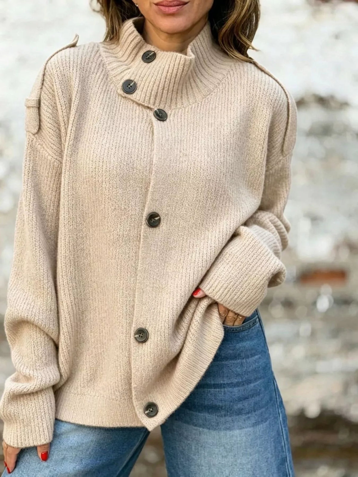 Mock-neck button cardigan – apricot