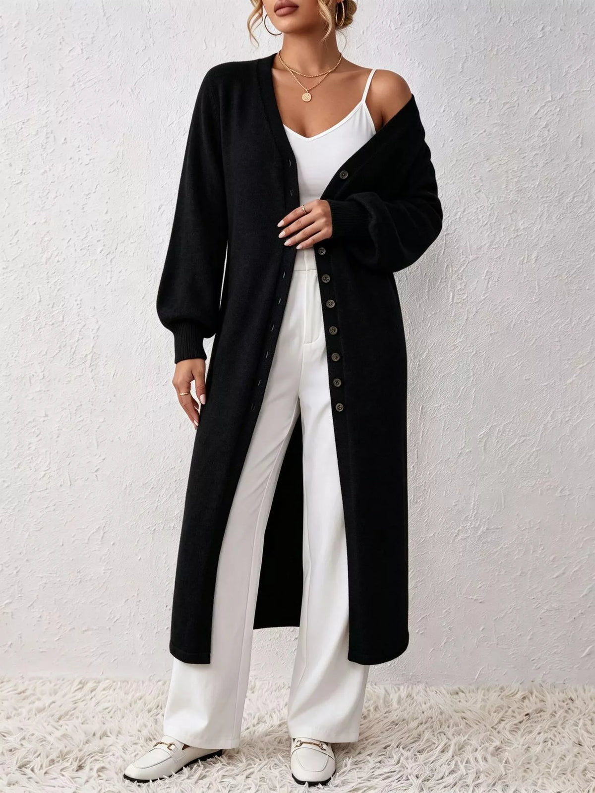 Elegant longline button-front cardigan with lantern sleeves, Black