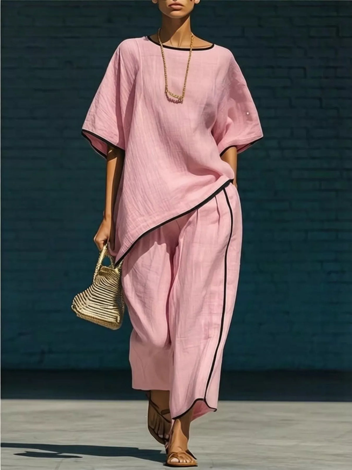Contrast trim round neck top and pants set, Pink