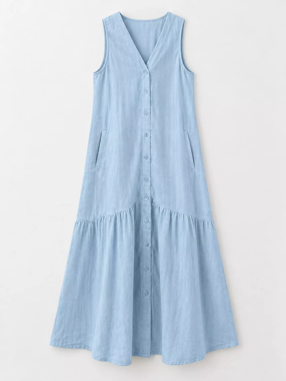 V-neck button front sleeveless midi dress