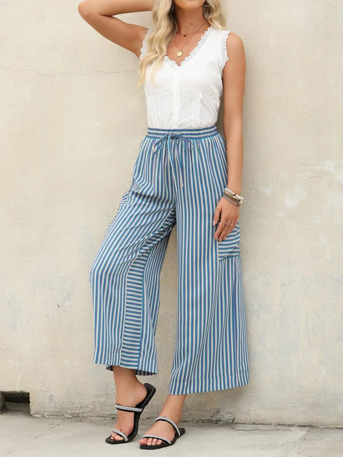 Contrast striped wide leg pants, Light Blue
