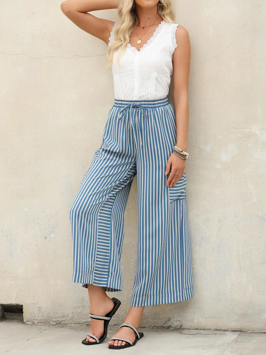 Contrast striped wide leg pants, Light Blue