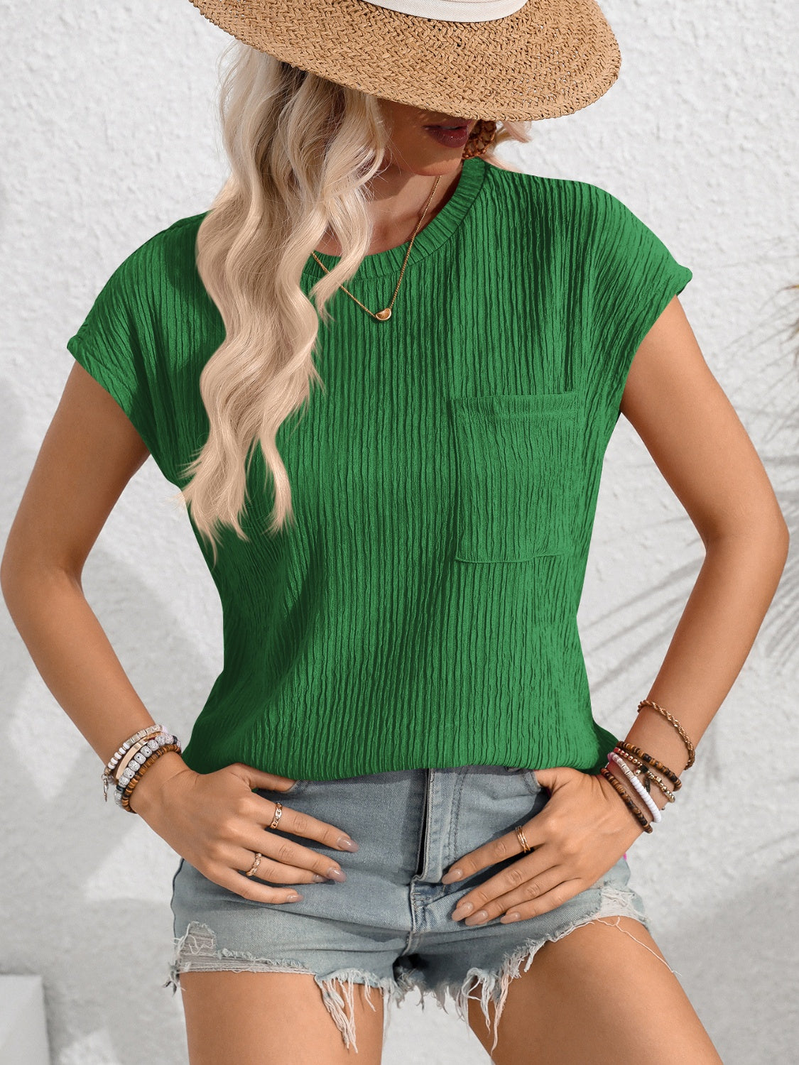 Round Neck Cap Sleeve Blouse