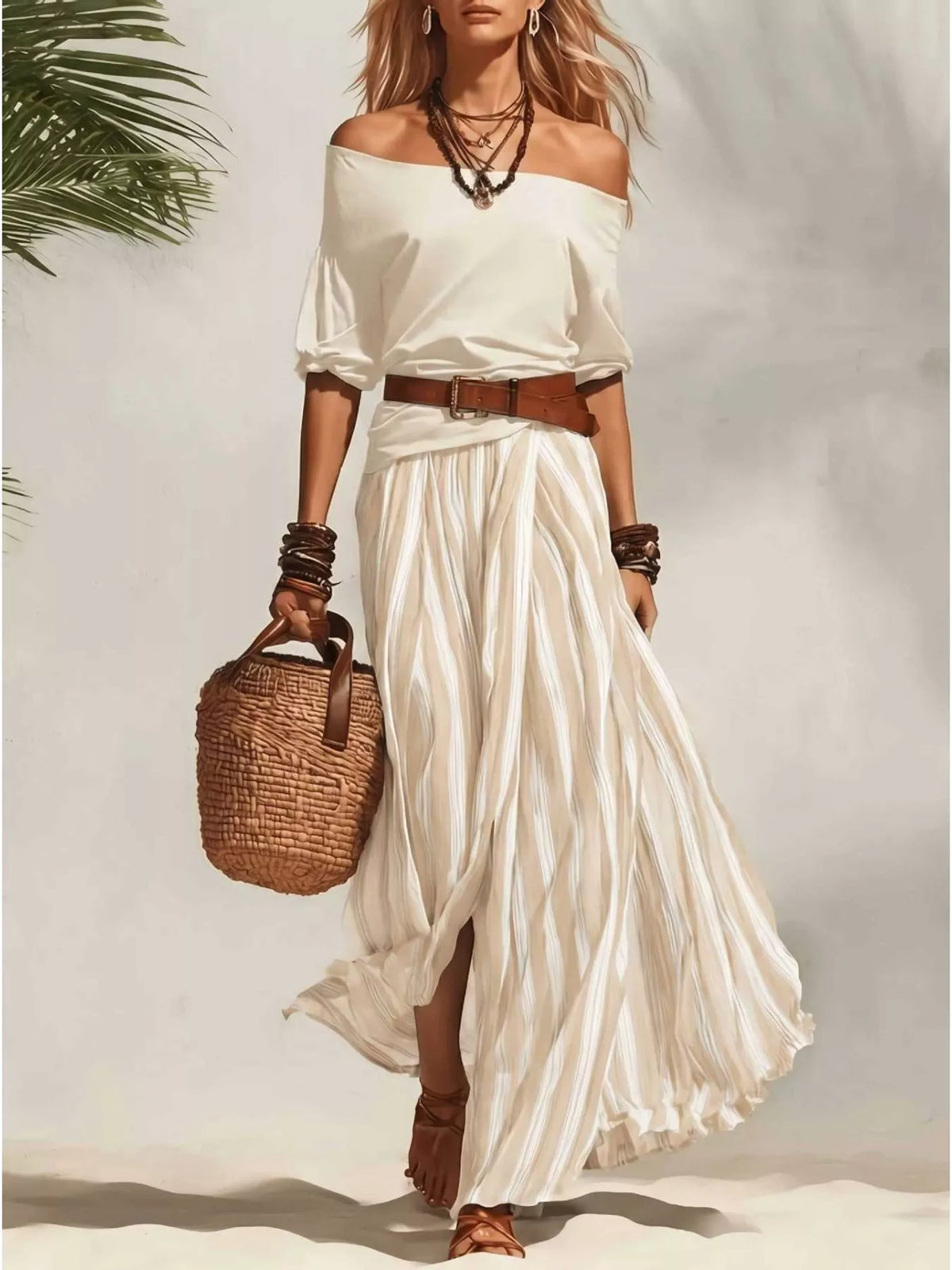 Off shoulder top and striped maxi skirt set with belt, Ivory