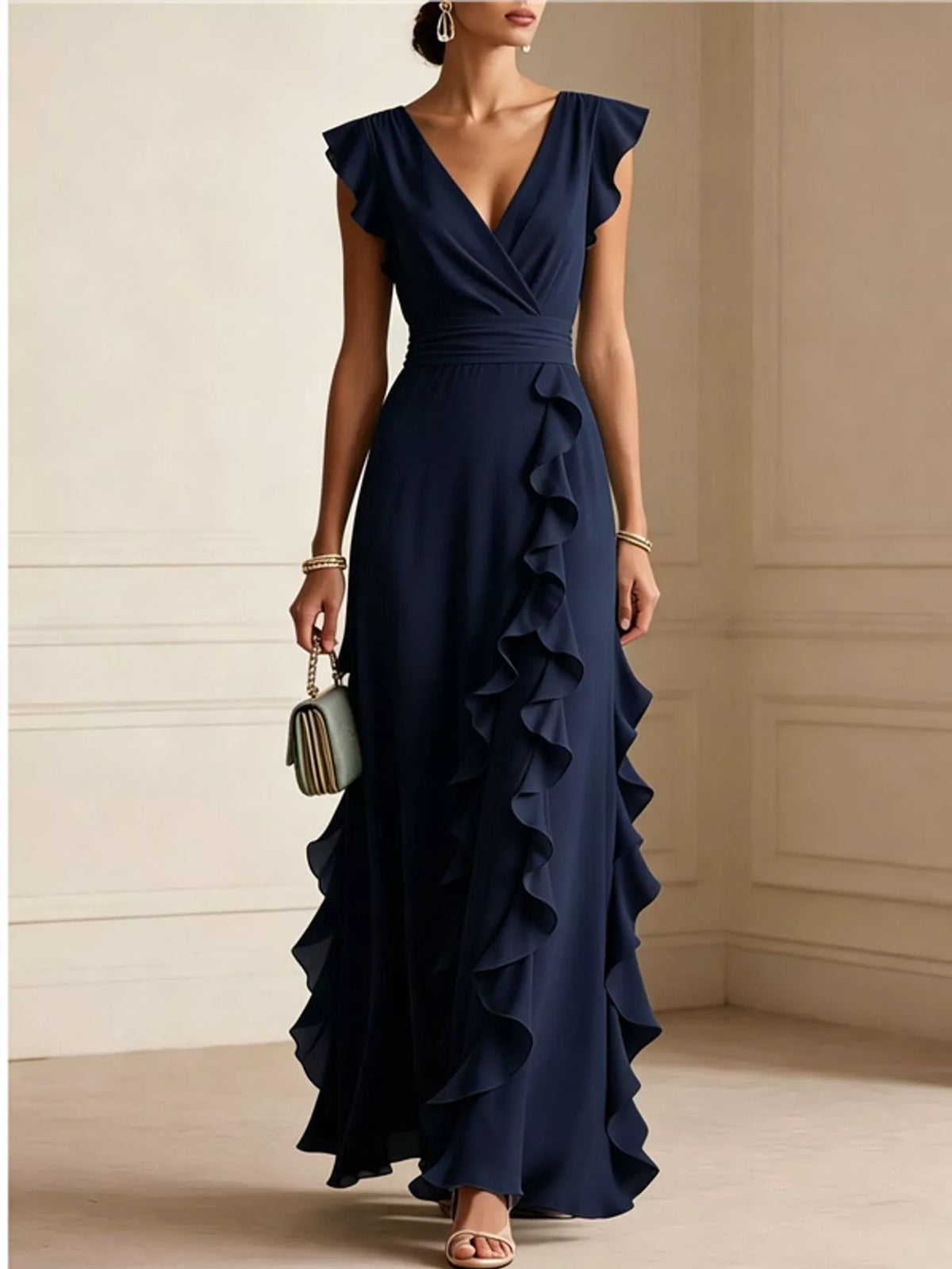 Ruffled surplice sleeveless maxi dress, Navy