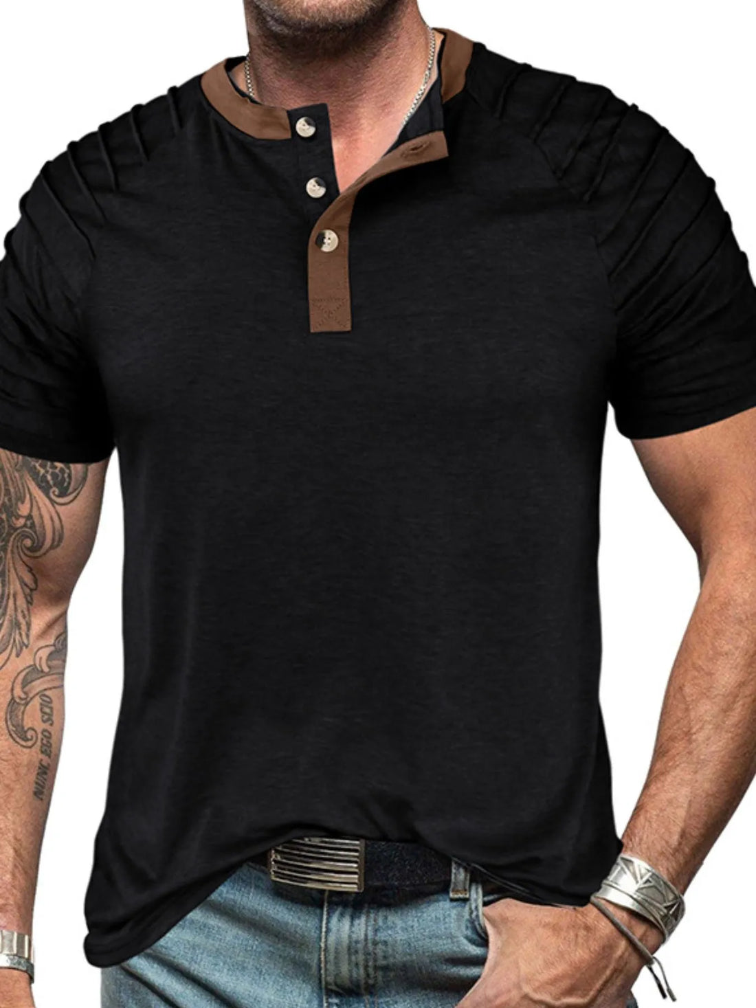 Casual henley short sleeve top with contrast collar, Black