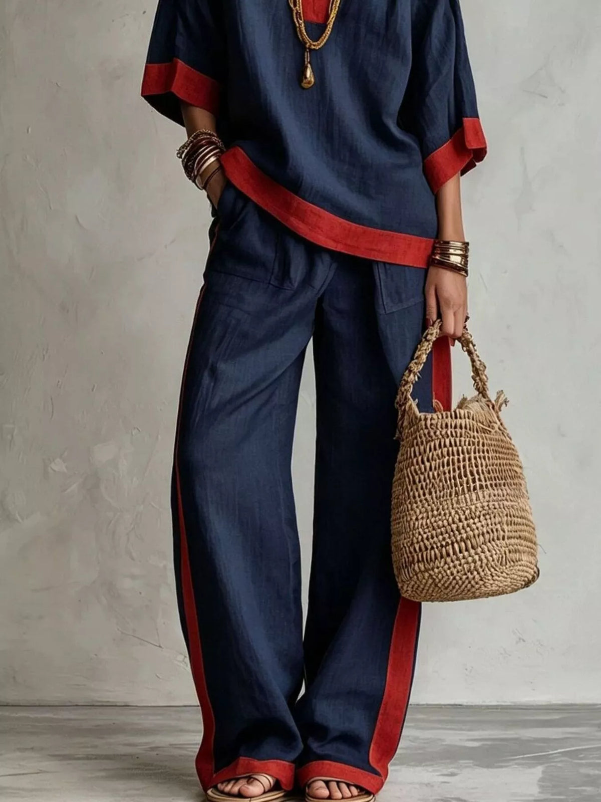 Contrast trim top and wide leg pants set