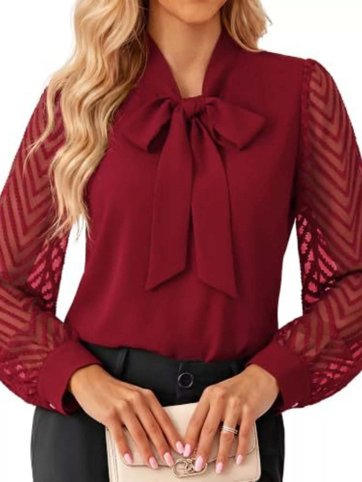 Bow-tie chevron-sleeve blouse
