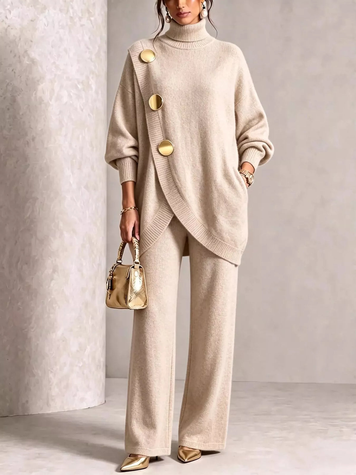 Gold button accent turtleneck sweater and pants set, Apricot Color