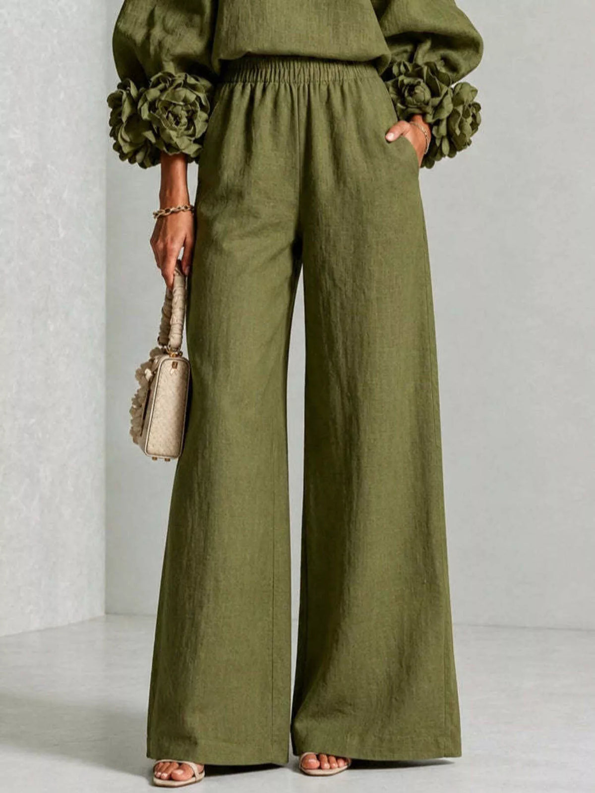 Floral-cuff top and pants set