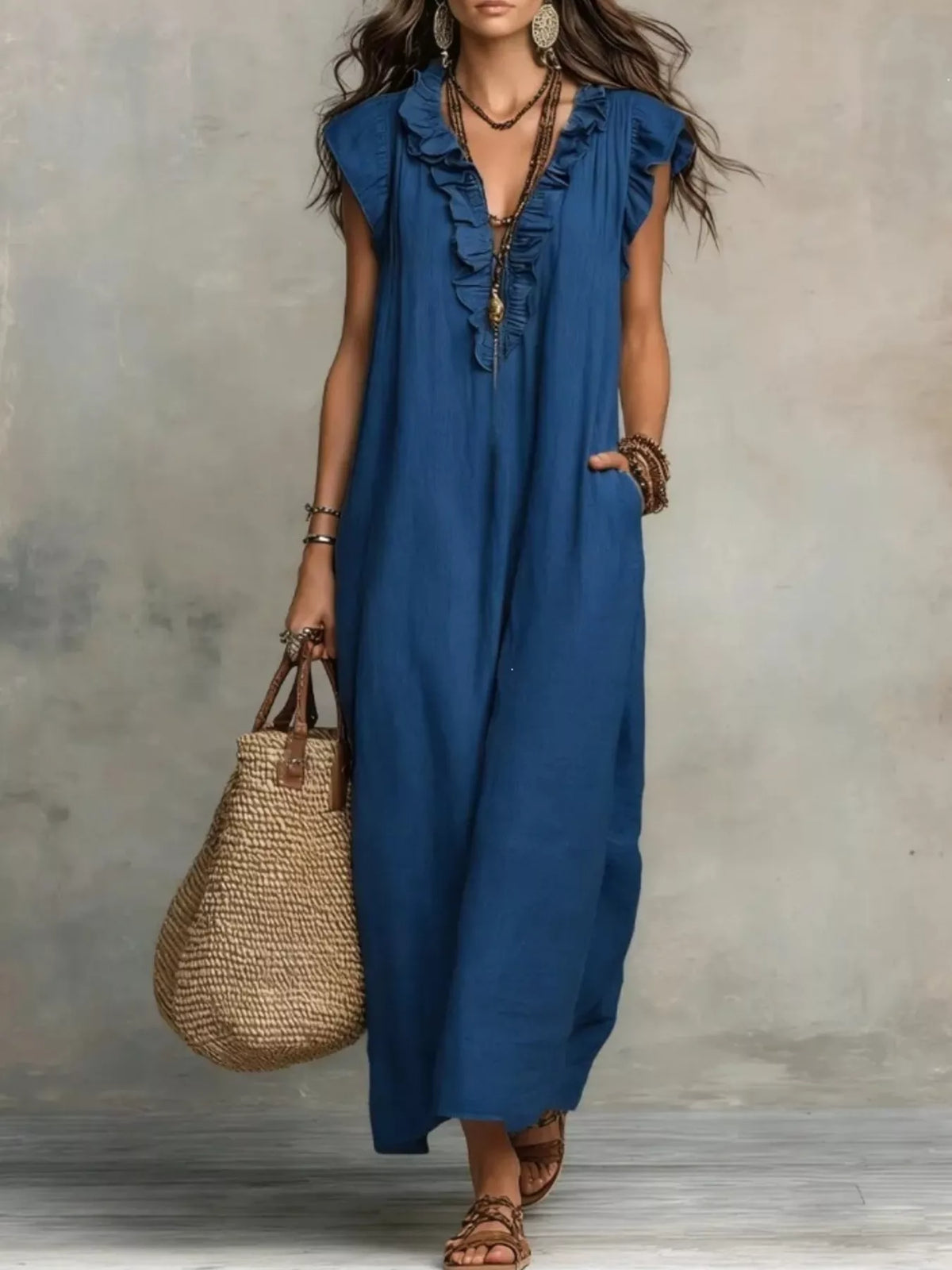 Ruffled cap-sleeve maxi dress – blue