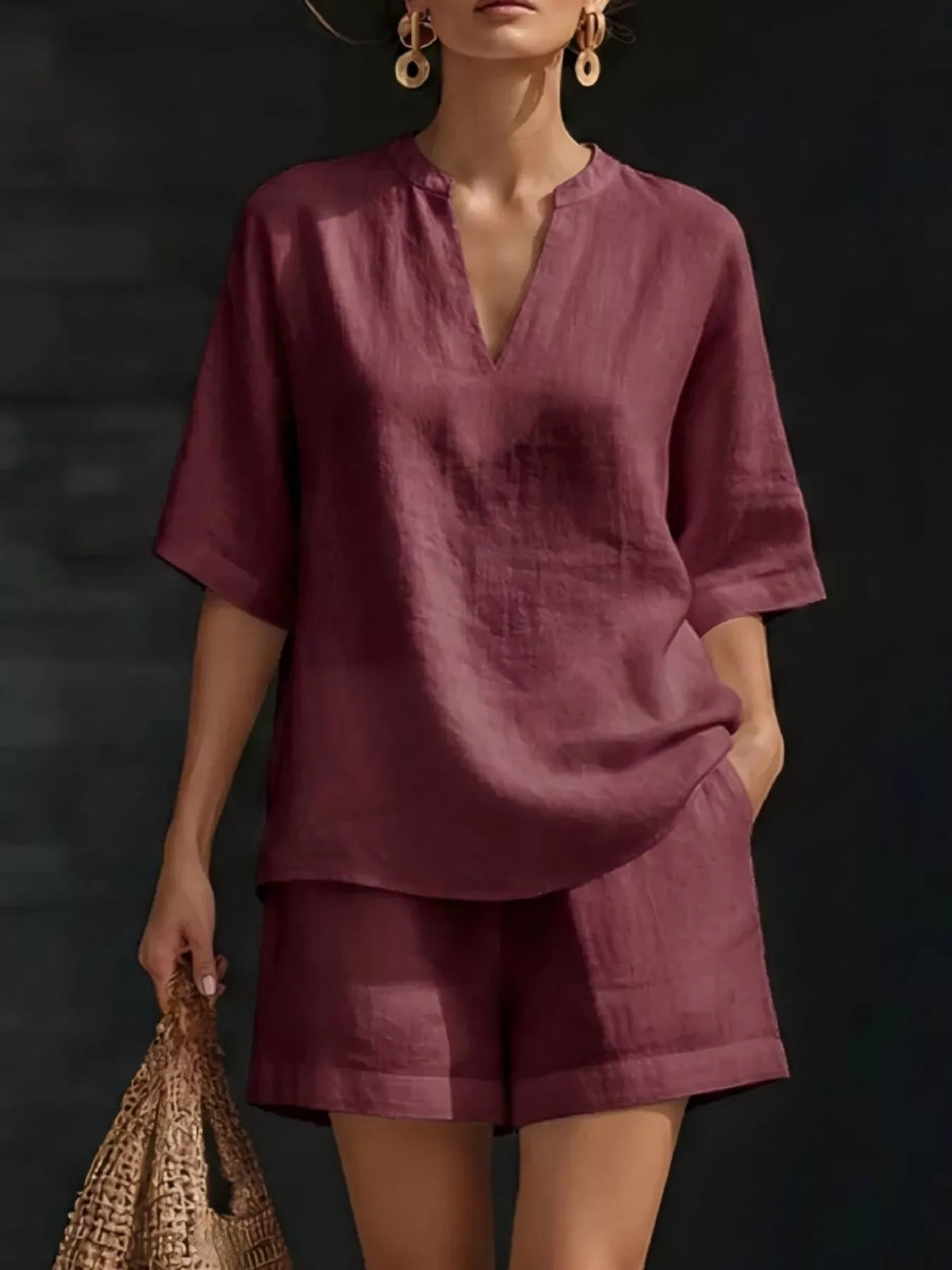 Notched top and shorts set – red