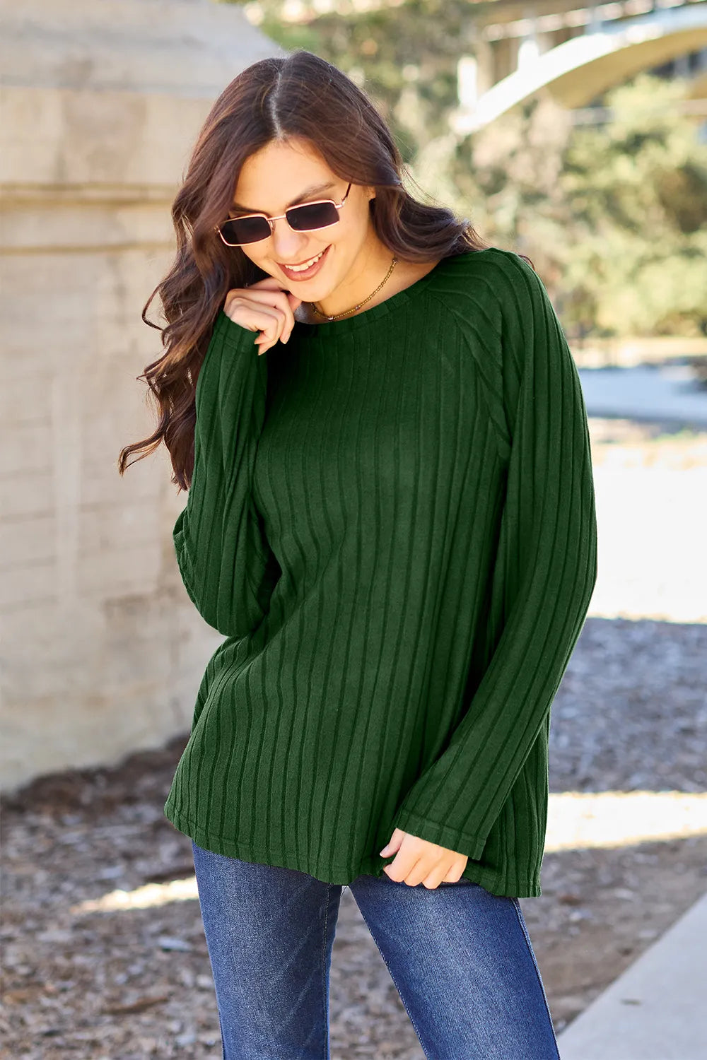 Ribbed long-sleeve knit top, Dark Green