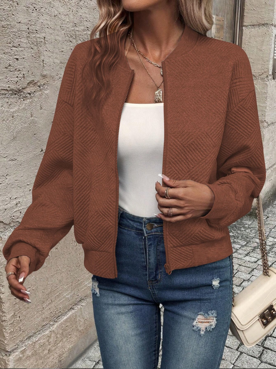 Textured zip up long sleeve jacket