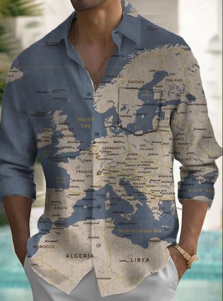 Casual Men's Long Sleeve Shirt Map 3D Printed Casual Autumn Cardigan Tops