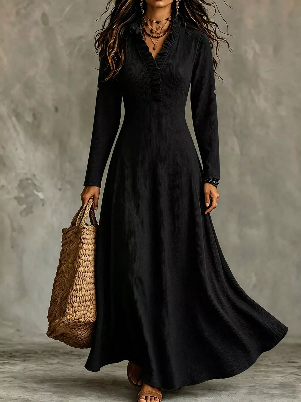 Roll-sleeve V-neck maxi dress – black