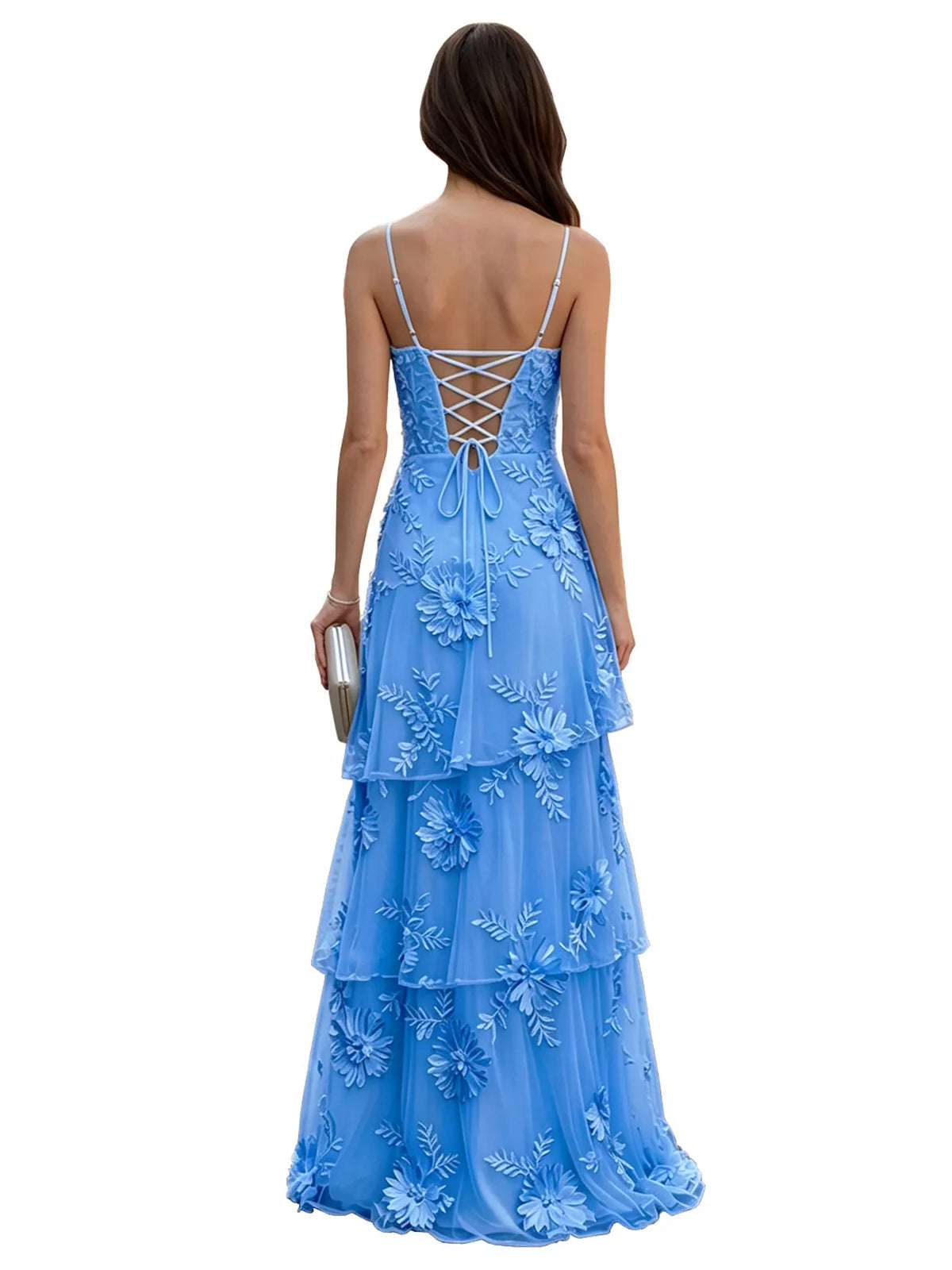 Floral appliqué tiered maxi dress