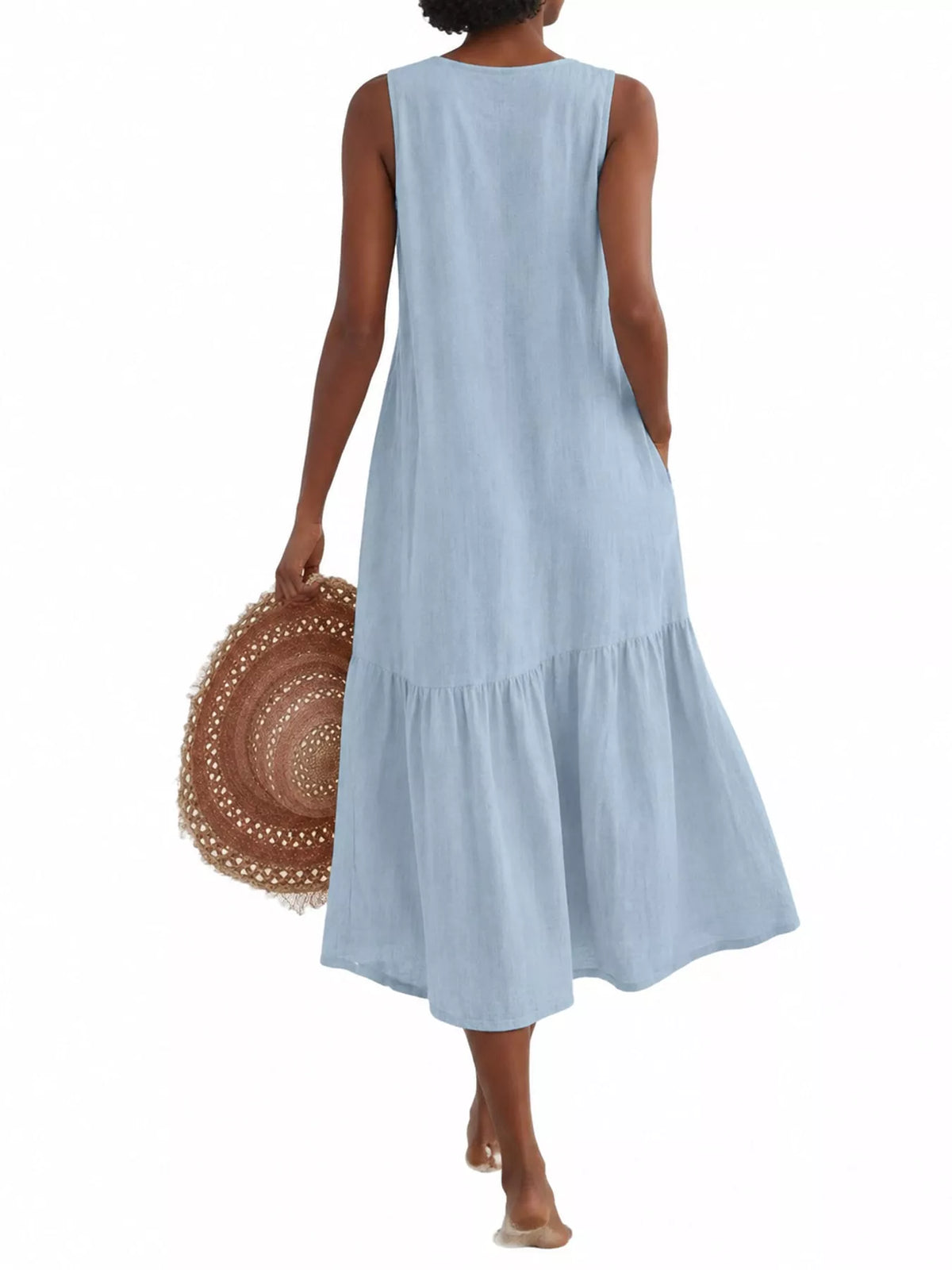 V-neck button front sleeveless midi dress