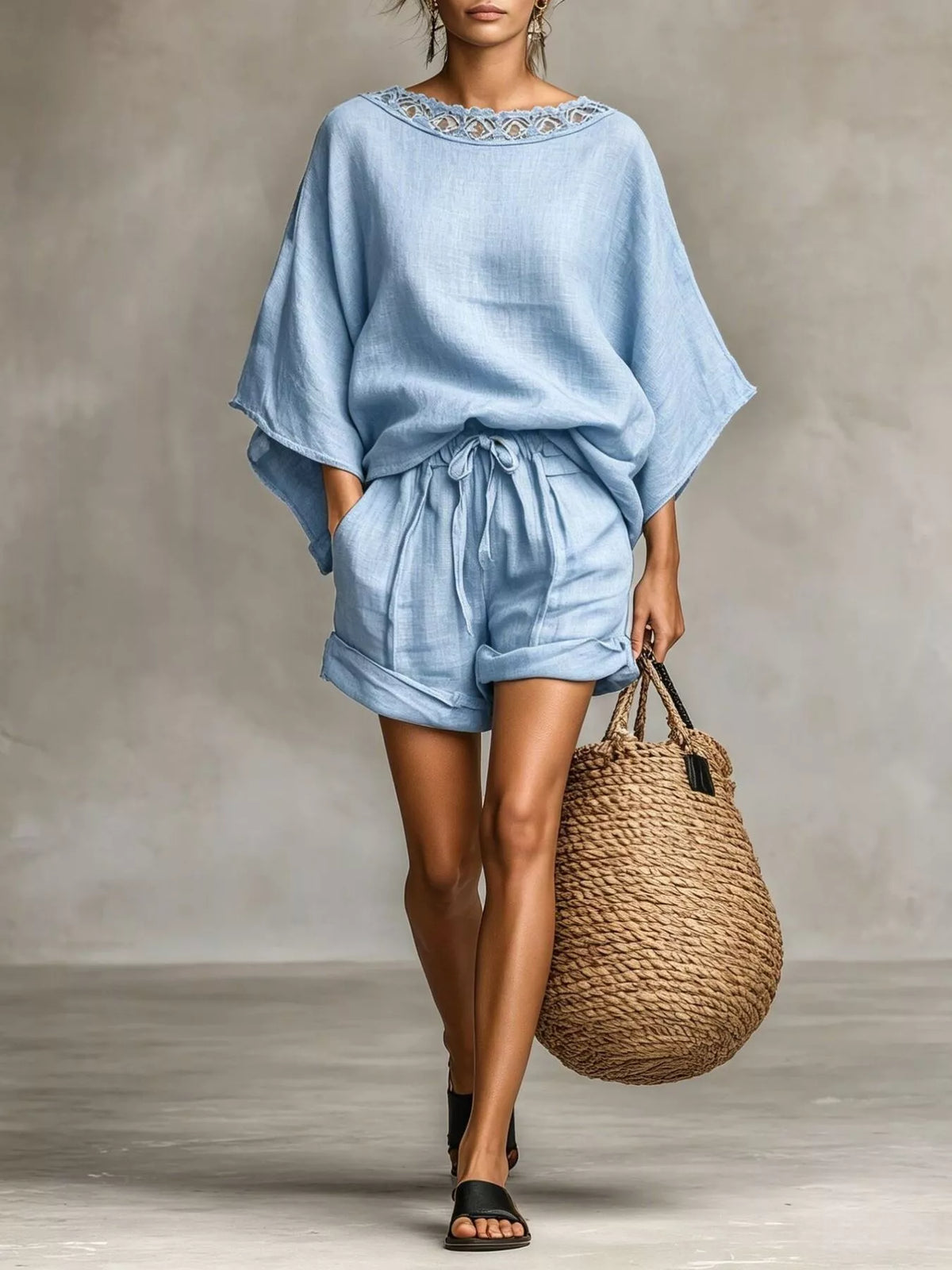 Lace-trim top and shorts set – light blue