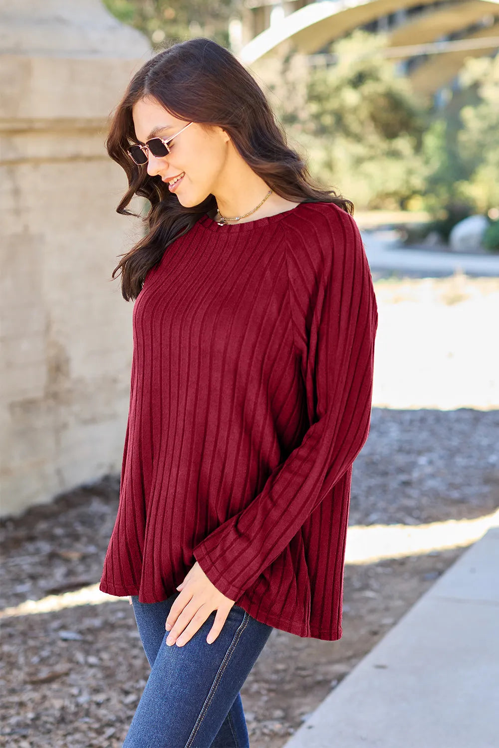Ribbed long-sleeve knit top