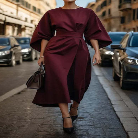 Balloon-sleeve midi dress – wine red