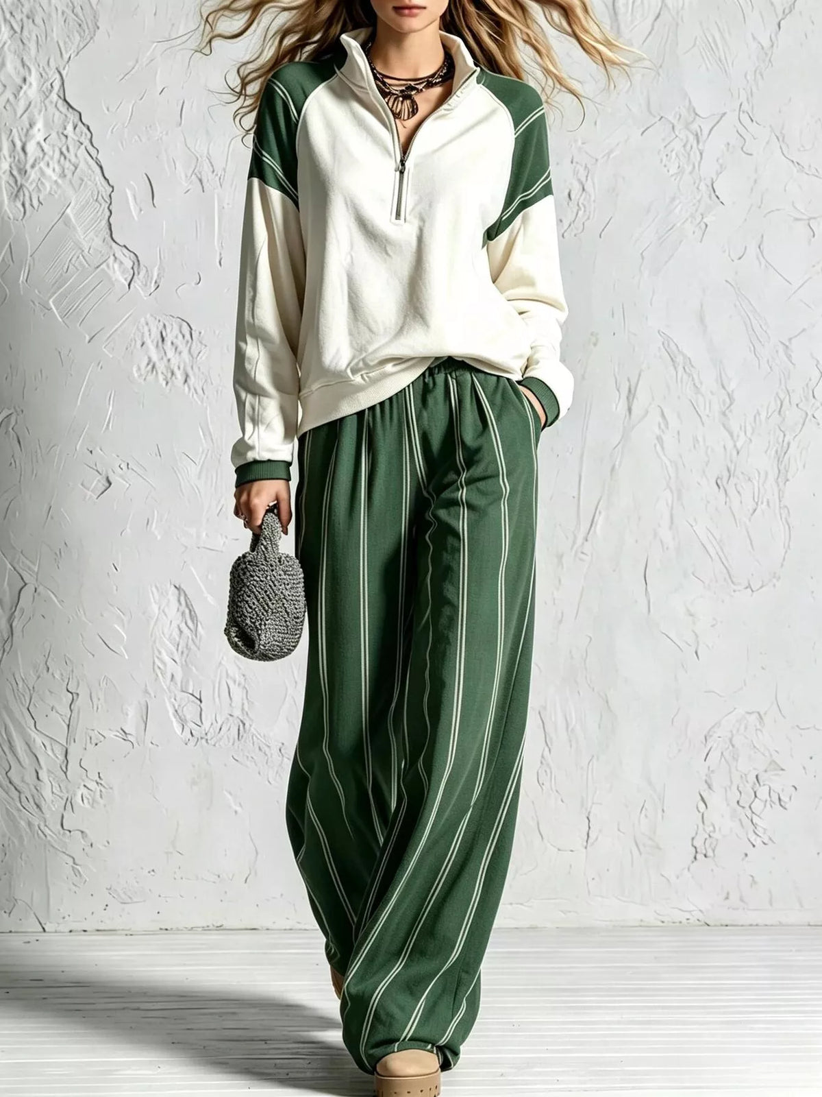 Quarter-zip and striped pants set – dark green