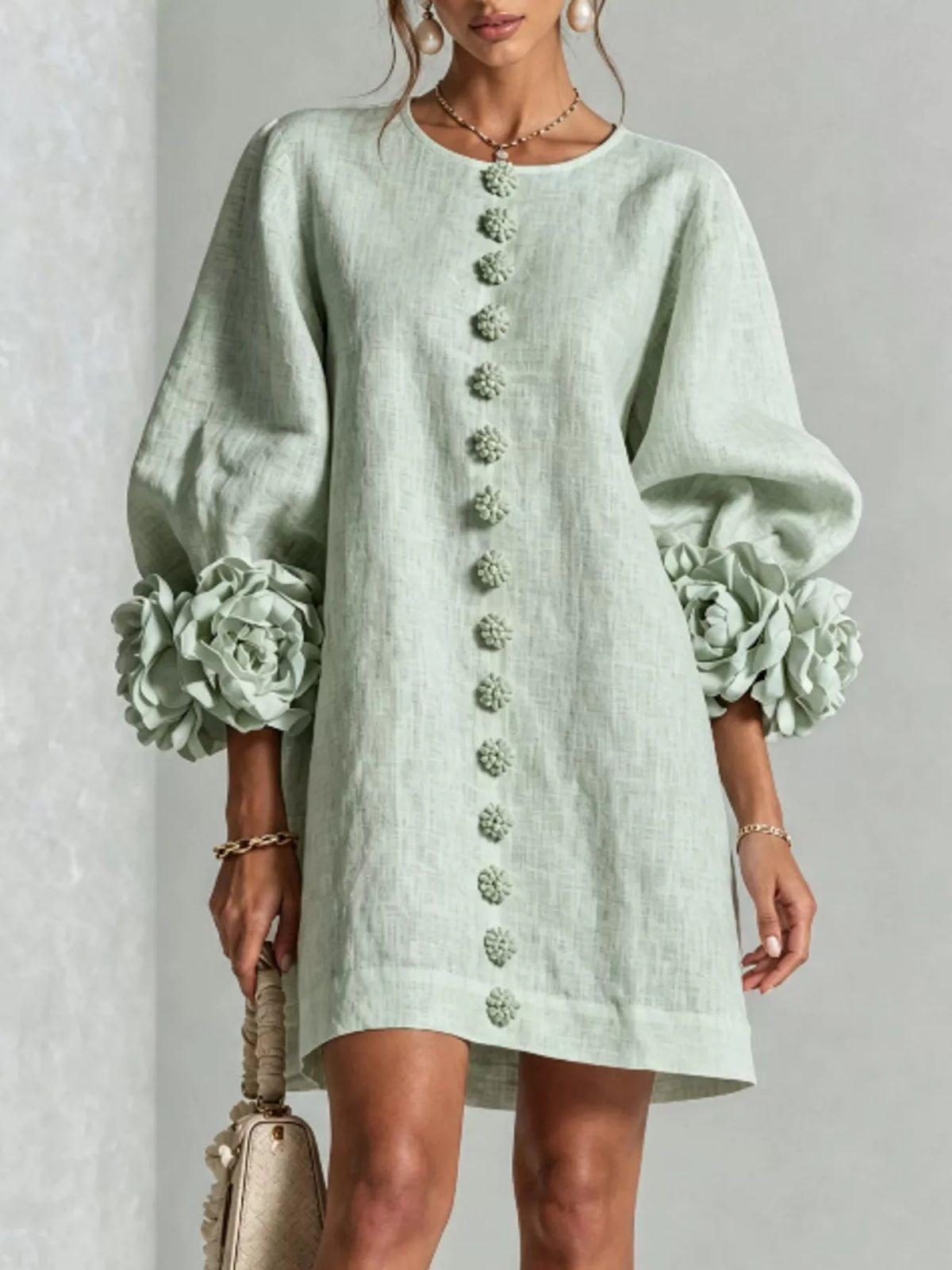 3D floral mini dress – sage