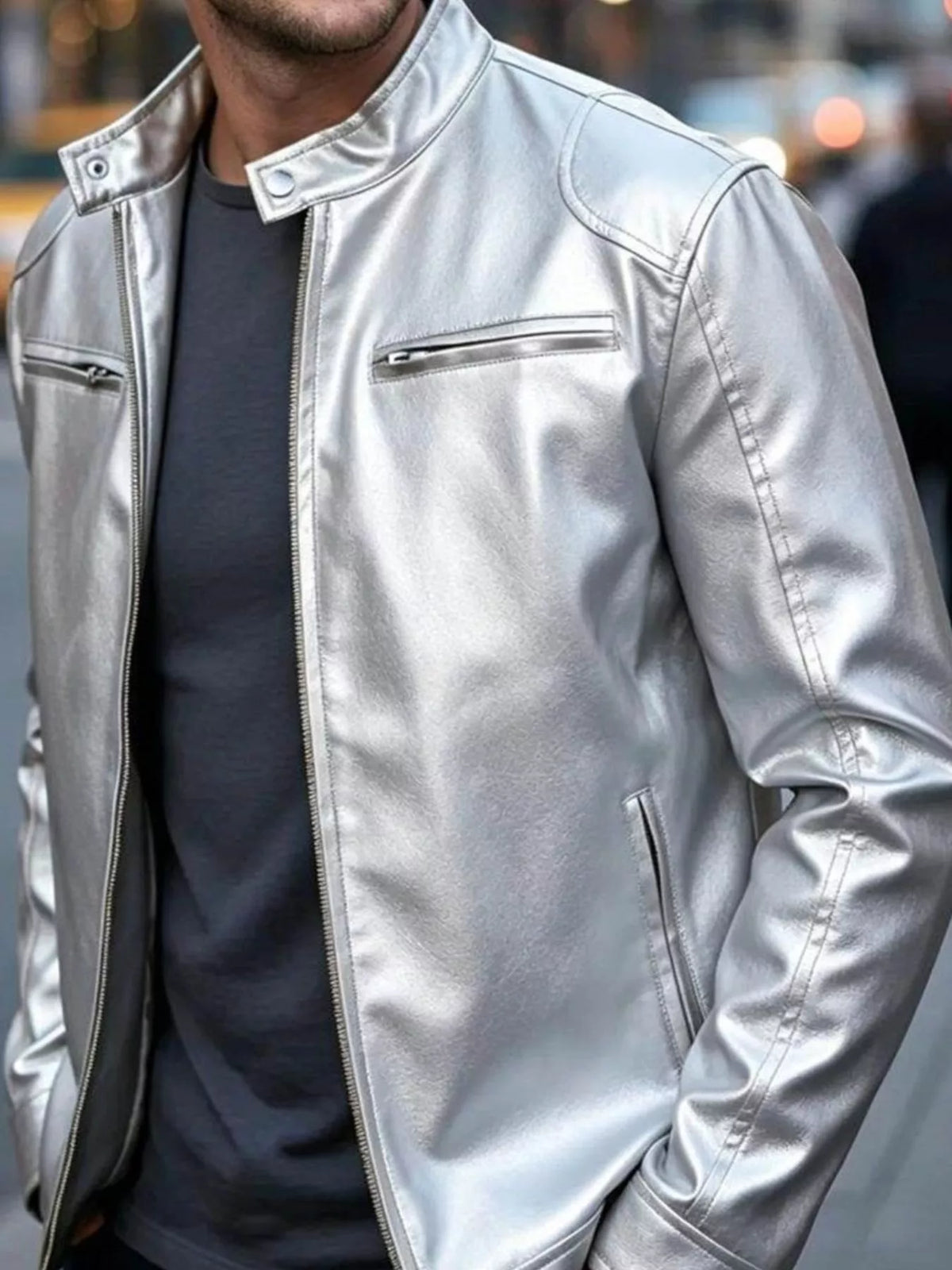 Faux leather bomber jacket with zipper pockets, Silver