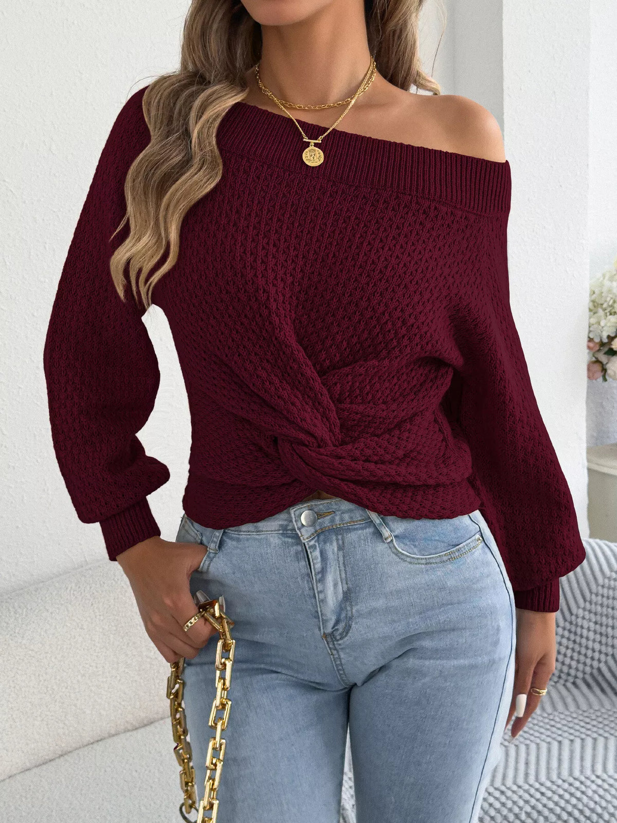 Twist front off shoulder knit