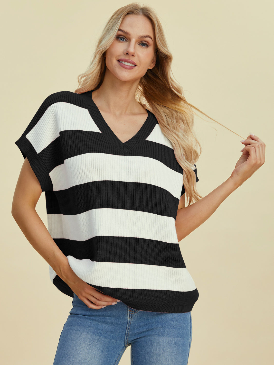 Striped V neck short sleeve sweater