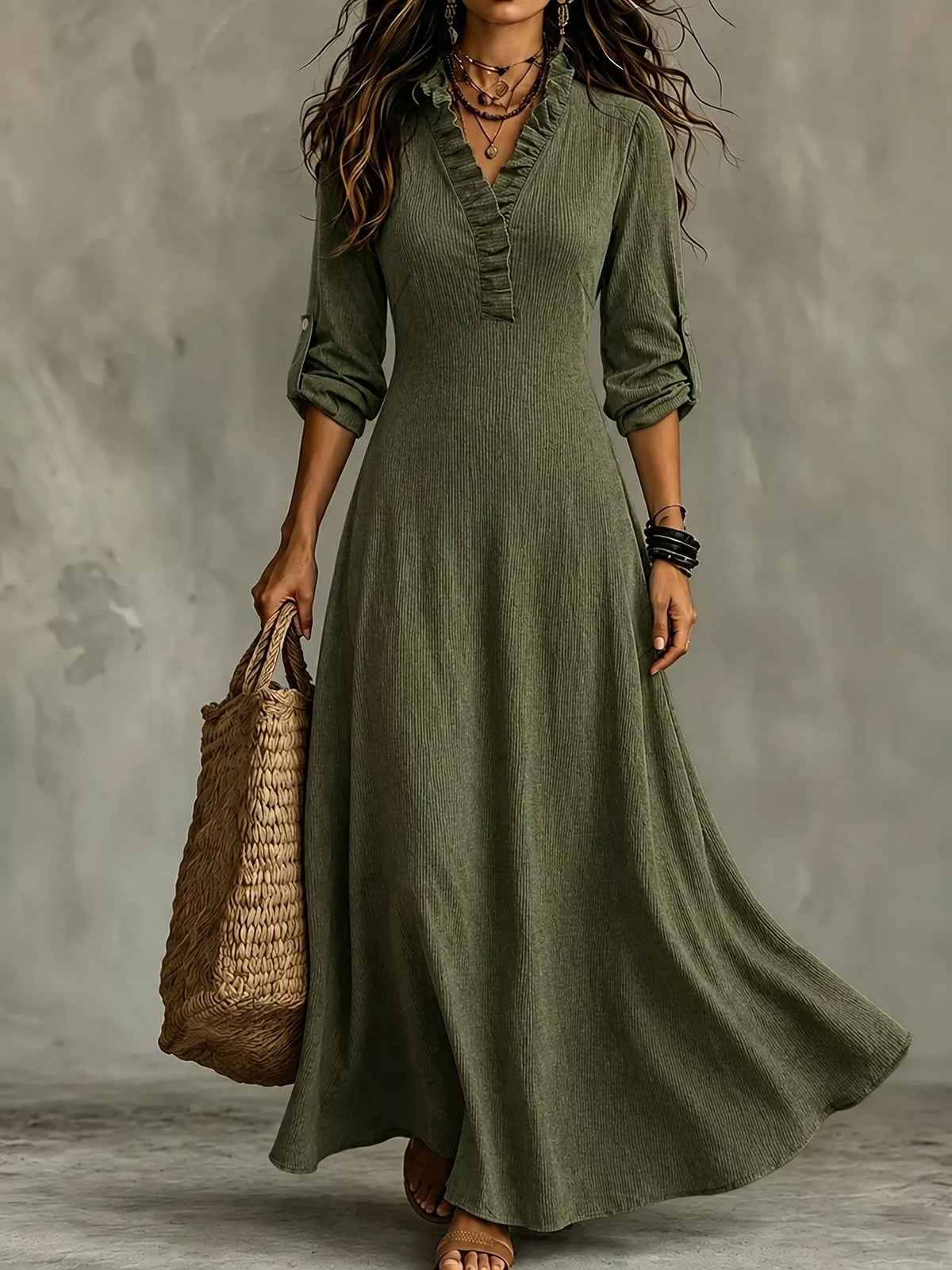 Roll-sleeve V-neck maxi dress – green