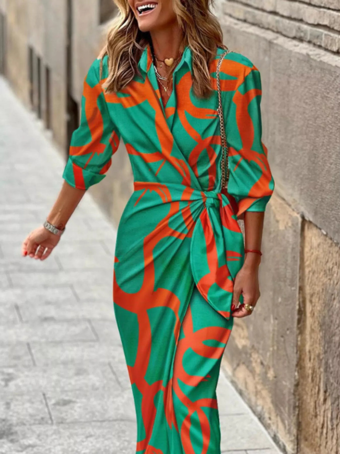 Printed collared shirt dress – green