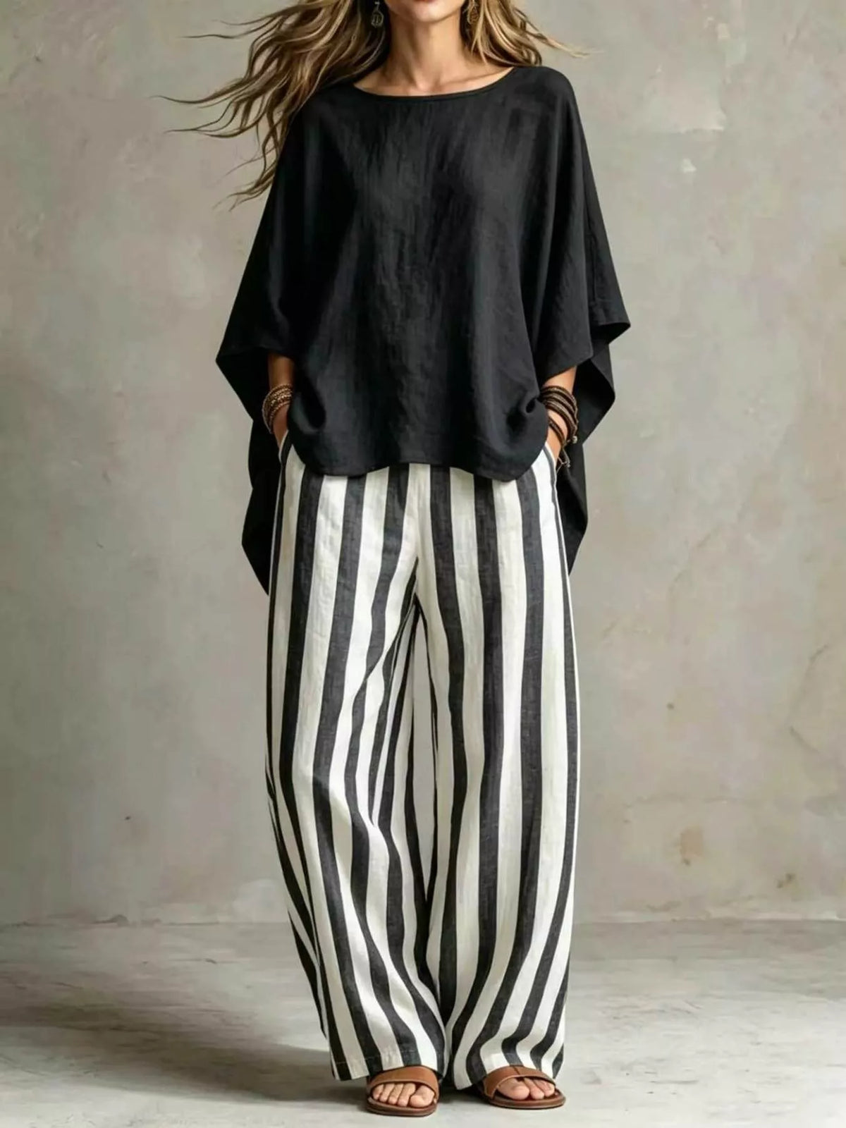 Relaxed top and pants set – black