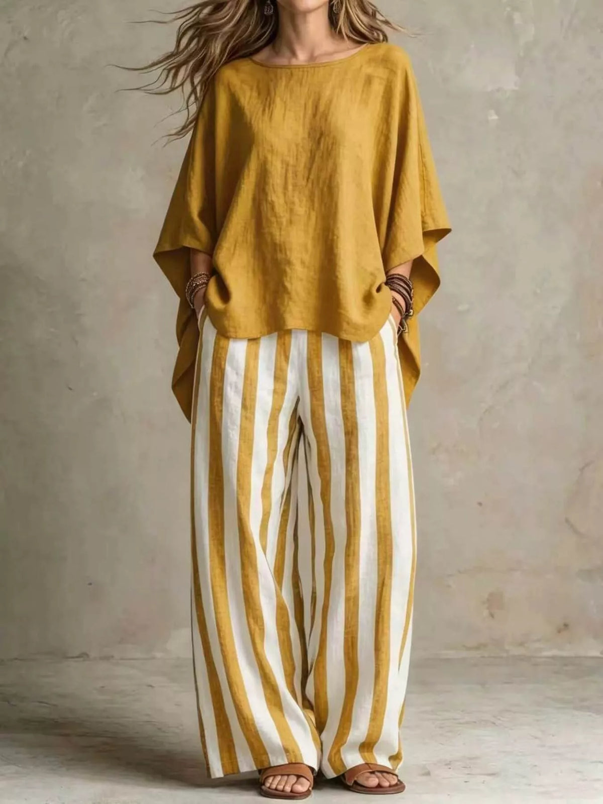 Relaxed top and pants set – earthy yellow