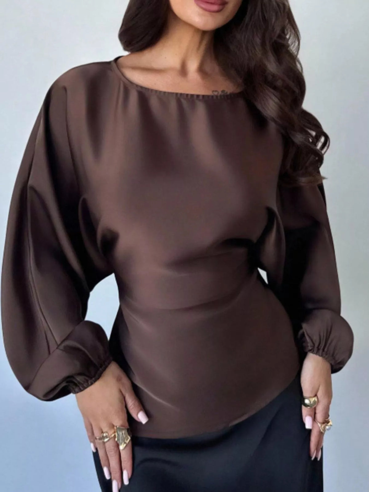 Back tie long sleeve blouse, Brown