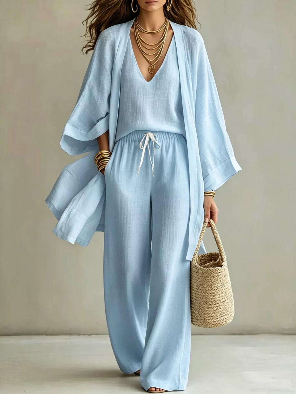 V-neck top &amp; cardigan &amp; pants three-piece set, Sky Blue