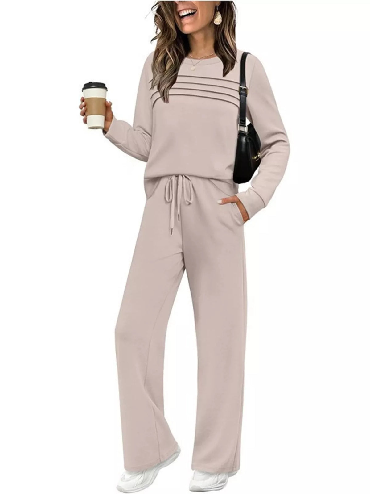 Long sleeve round neck top and pants set, Apricot