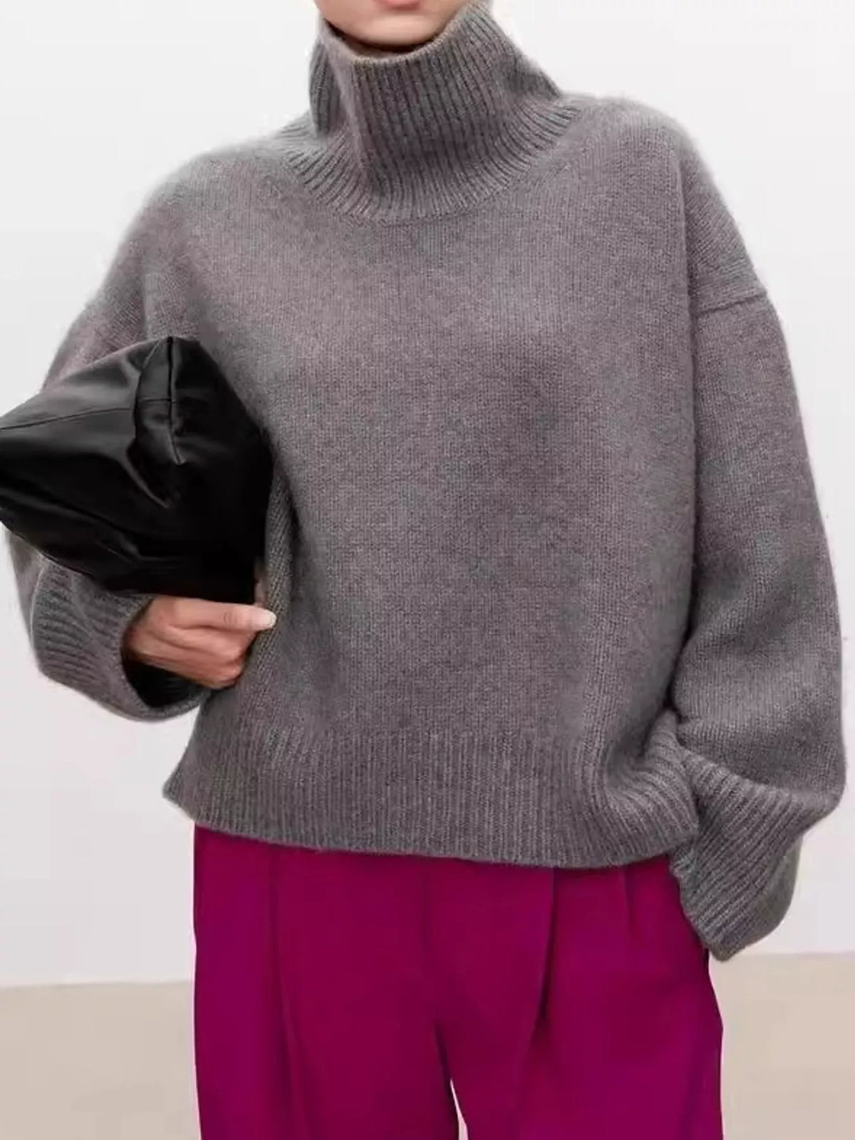 Oversized Turtleneck Wool Sweater, Gray