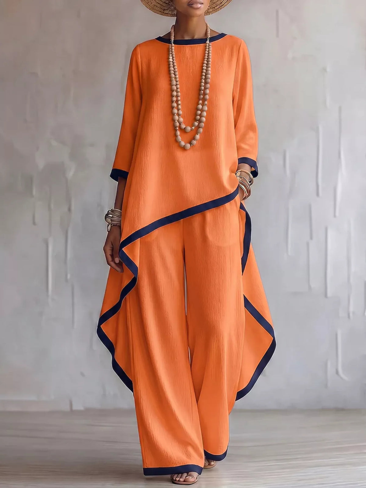 Contrast trim high-low top and pants set, Orange