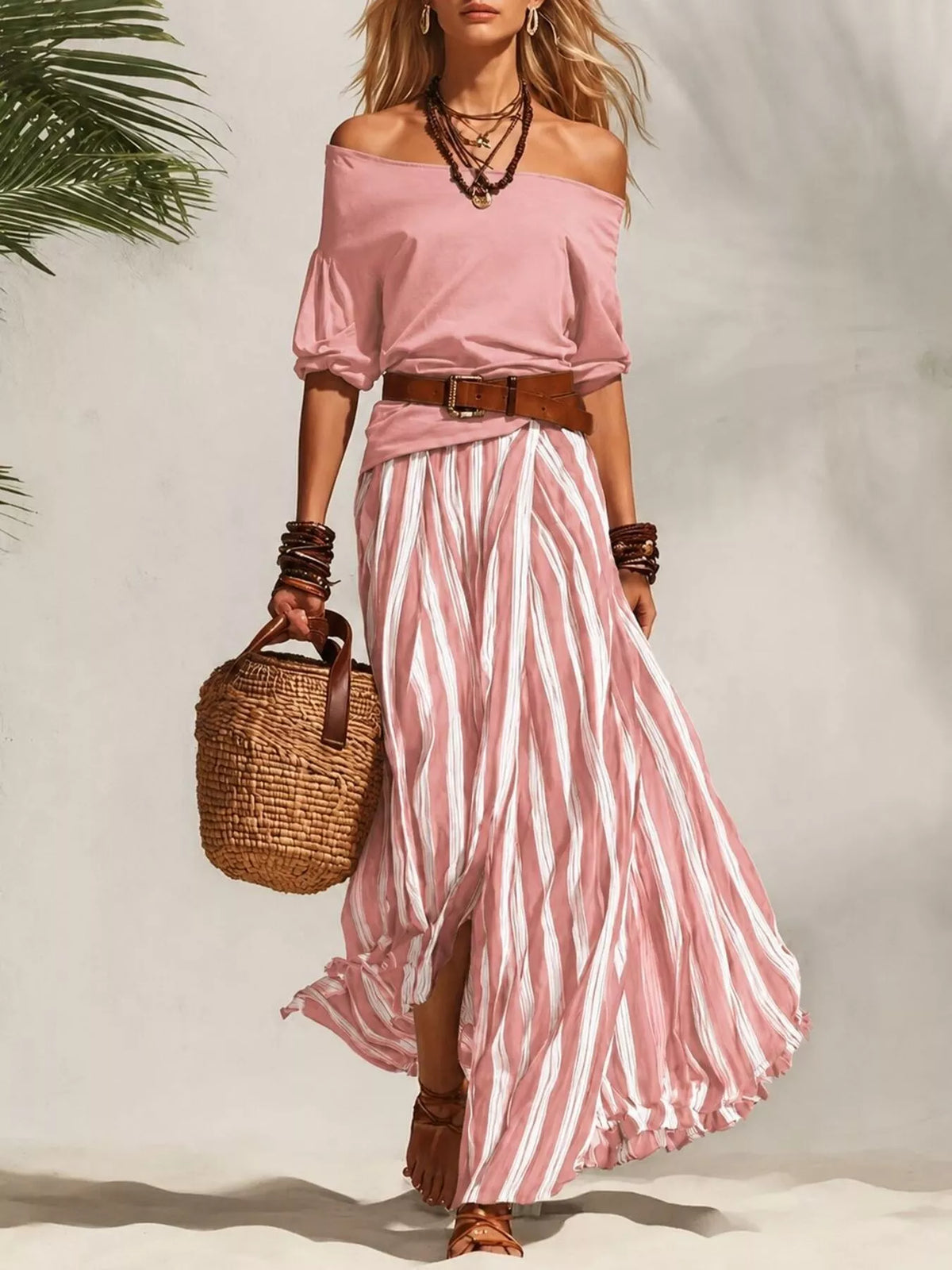 Off shoulder top and striped maxi skirt set with belt, Pink