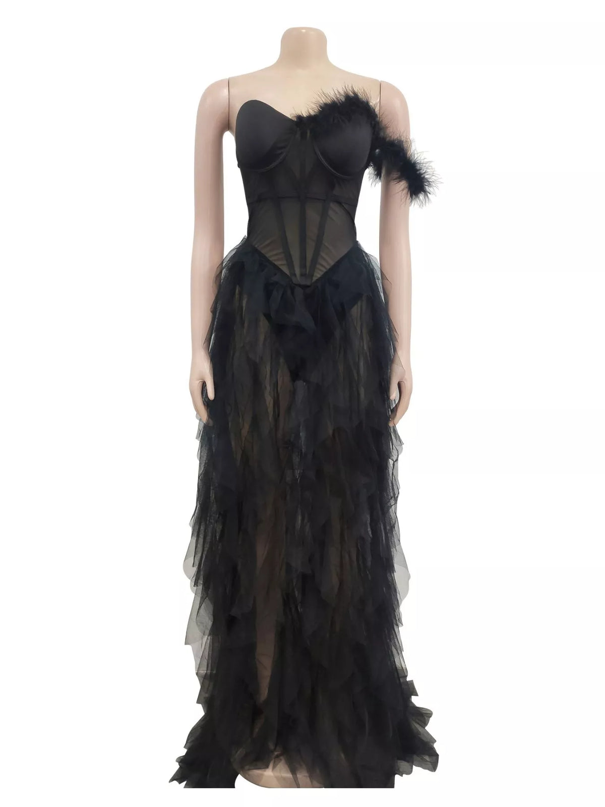 Feather corset tulle gown