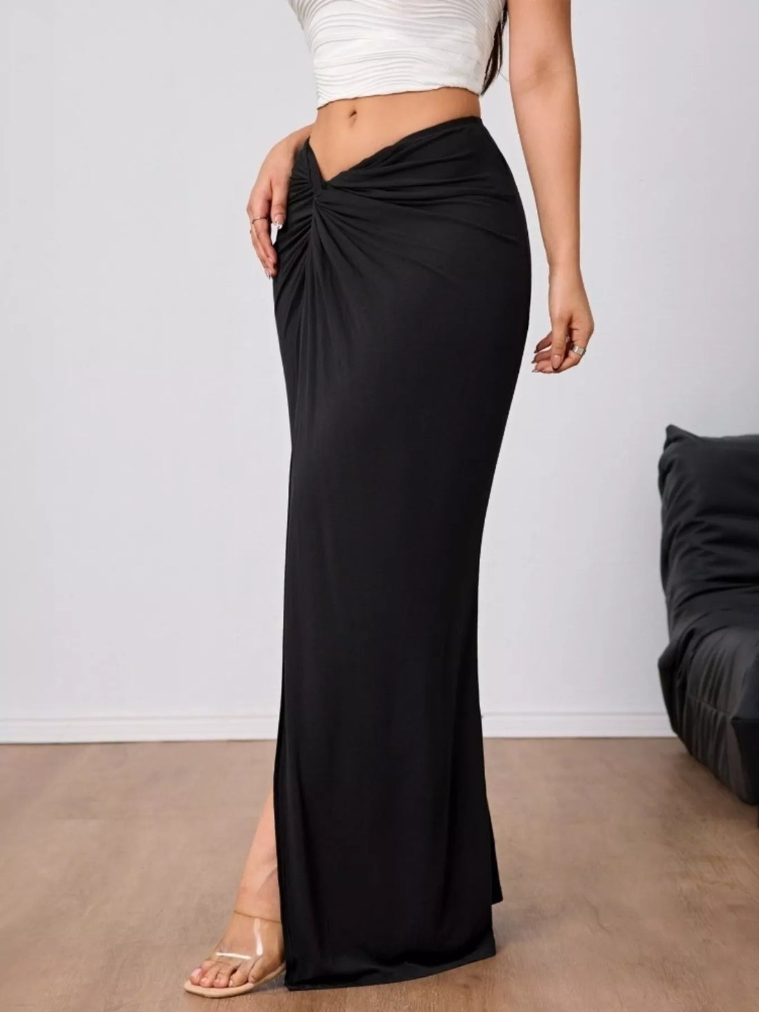 Slit twist-front bodycon maxi skirt, Black